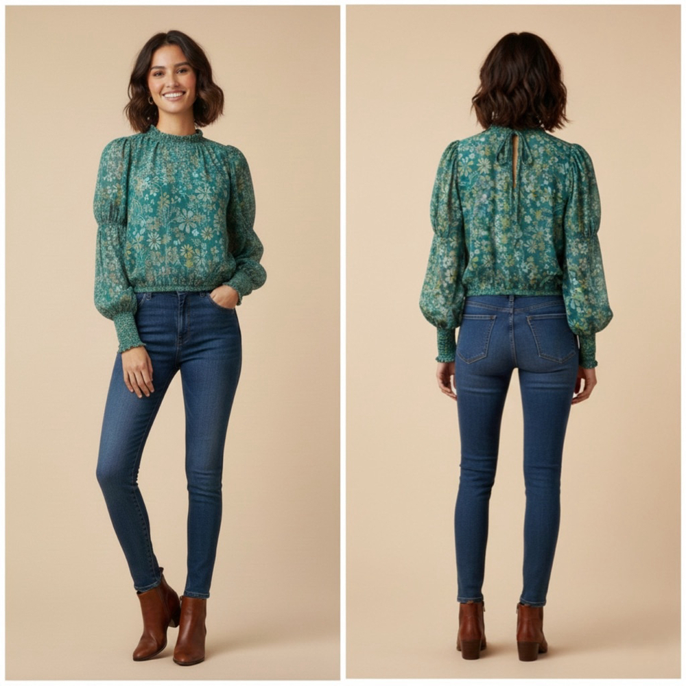 Free People Clarissa Floral Smocked Blouse Green Long Puff Sleeve Size XL